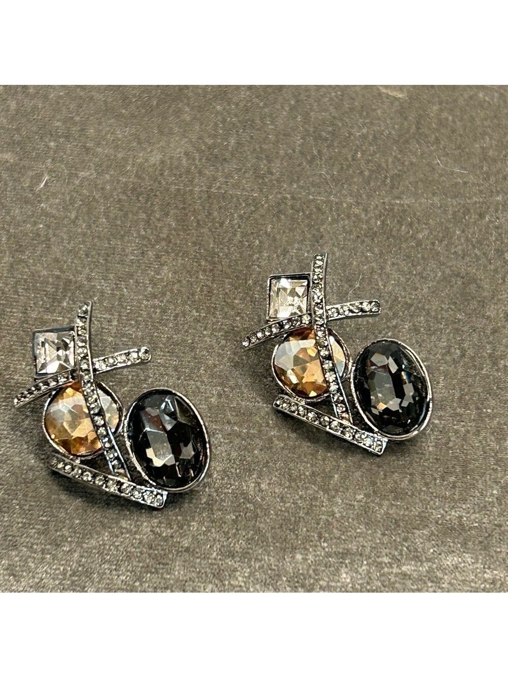 Gold black clear crystal rhinestone clustered round oval Square earrings formal